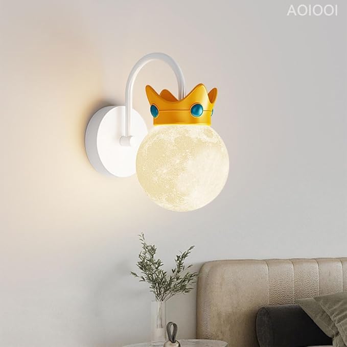 Crown Moon Wall Sconce Lighting, Kids Room Wall Lamp, Modern Decorative G9 Moon Globe Wall Lamp,Aesthetic Home Decor for Nursery Bedroom Bedside, Milk Coffee Color Wall Mount Light Fixture