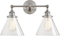PERMO Industrial Vintage Slope Pole Wall Mount Single Sconce with Funnel Flared Clear Glass Shade Wall Sconce Light Lamp Fixture Hardwired (Antique Gold) (Brushed, Funnel Flared 2-Light Hardwired)