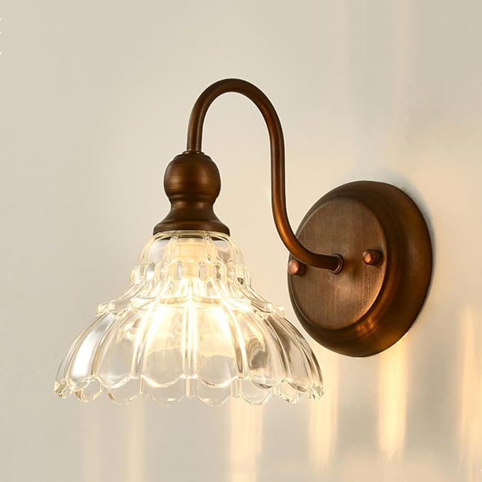 Bronze Wall Sconce Vintage Wall Light Fixtures for Living Room 1-Light Bathroom Vanity Light Hradwired Modern Wall Lamps with Clear Glass Flower Shade for Bedroom Hallway Bathroom