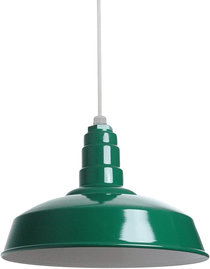 Steel Lighting Co. Carson Barn Light | Ceiling Mounted Pendant | 16 inch Dome | White Cord | Industrial Style Steel Light Made in America | Green Exterior/White Interior