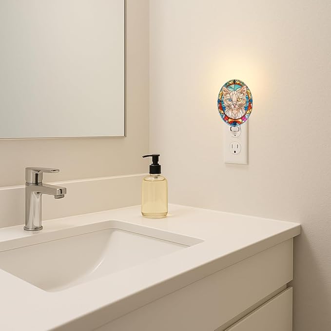 White Cat Stained Glass Styled Cat Night Light, Real Glass Plug-in Night Light with Vertical Outlet and On/Off Switch for Bedroom, Bathroom, Hallway, Home Decor