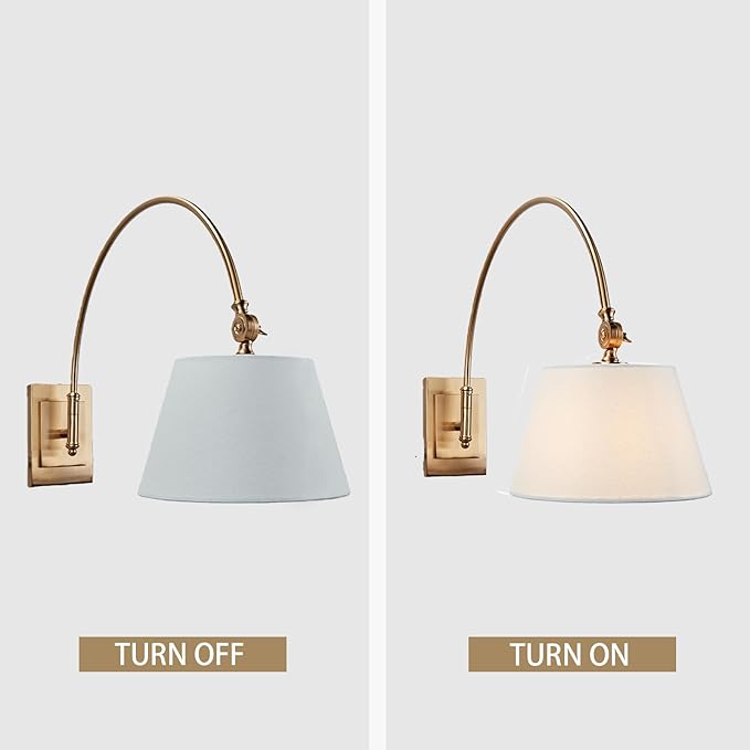 Antique Brass Swing Arm Wall Lamp, Classic Adjustable Reading Light with Fabric Shade for Bedroom Living Room