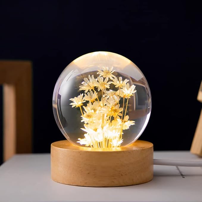 Flower Crystal Ball Night Light, 2.4 inch Glass Ball Night Lamp with Woodern Base (Yellow Daisy)
