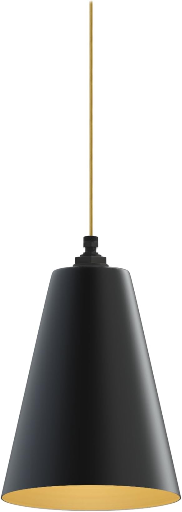 Steel Lighting Co. Laurel Pendant Light | Ceiling Mounted | 8.5 inch Cone Shade | Modern Contemporary Farmhouse Style Made in America | Gold Cloth Cord | Matte Black Exterior/Brass Interior
