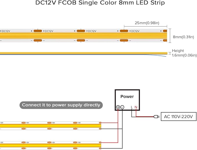 COB Orange LED Strip Light DC12V Flexible High Density Uniform Bright 480LEDs/m Strips 16.4FT CRI90+ 8MM Width Dimmable COB LED Tape for Cabinet Indoor Decor(No Adapter/Controller)