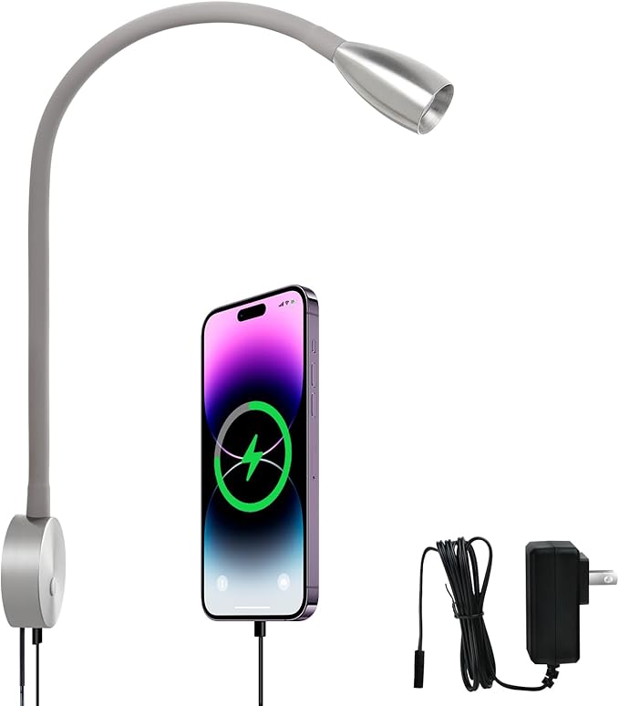 acegoo Bedside LED Reading Light Flexible Wall Lamp with USB Charger, Headboard Wall Surface Mount Dimmable Book Light, with Plug-in Power Adapter (Nickel Finish)