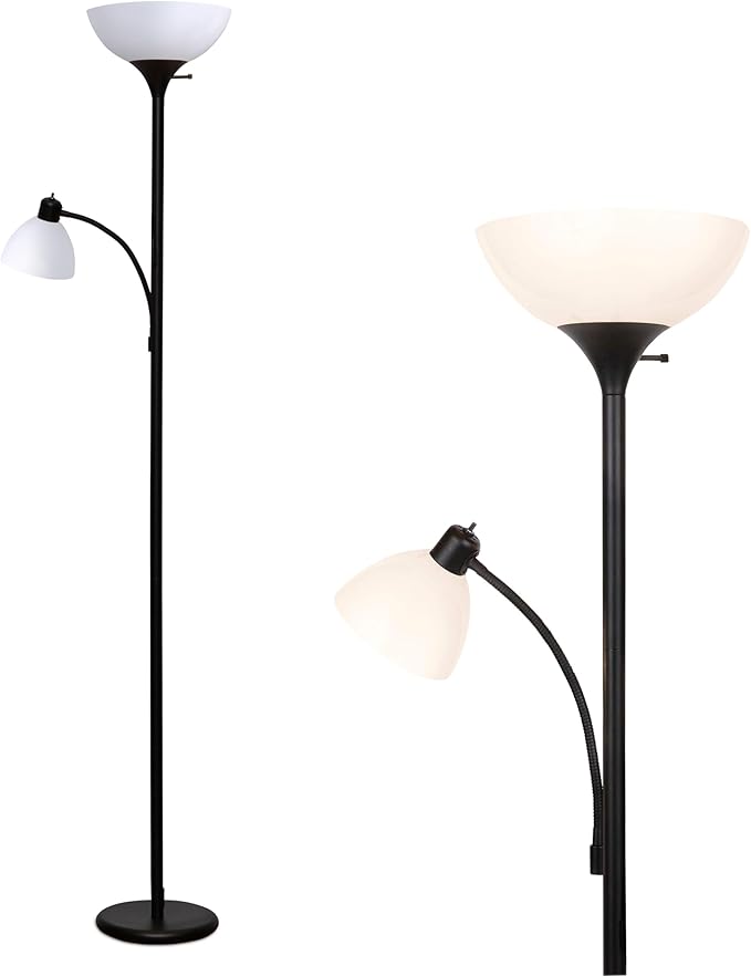 Brightech Sky Dome Plus LED Floor lamp, Torchiere Super Bright Floor Lamp with Reading Lamp for Living Rooms & Offices - Dimmable Tall Standing Lamp for Bedroom Reading - Black