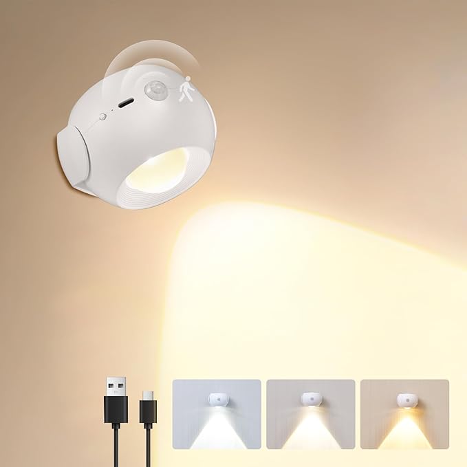 350° Rotatable Motion Sensor Wall Sconce - Wireless Magnetic 3 Color Modes & Stepless Dimming, Rechargeable Battery for Closet/Hallway