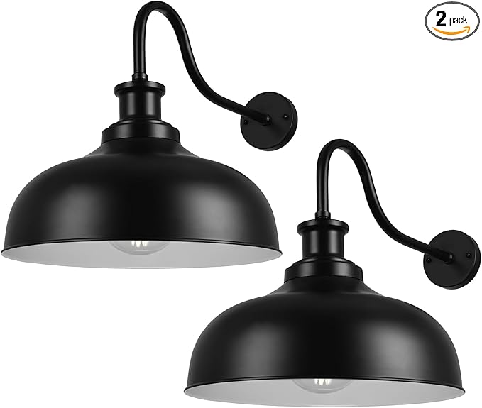Outdoor Barn Lights,16 Inch Dome Outdoor Wall Sconces Farmhouse Exterior Wall Mount Light Vintage Wall Lighting Fixture Industrial Black Lantern Lamps for Porch, Entryway, Garage, 2 Pack
