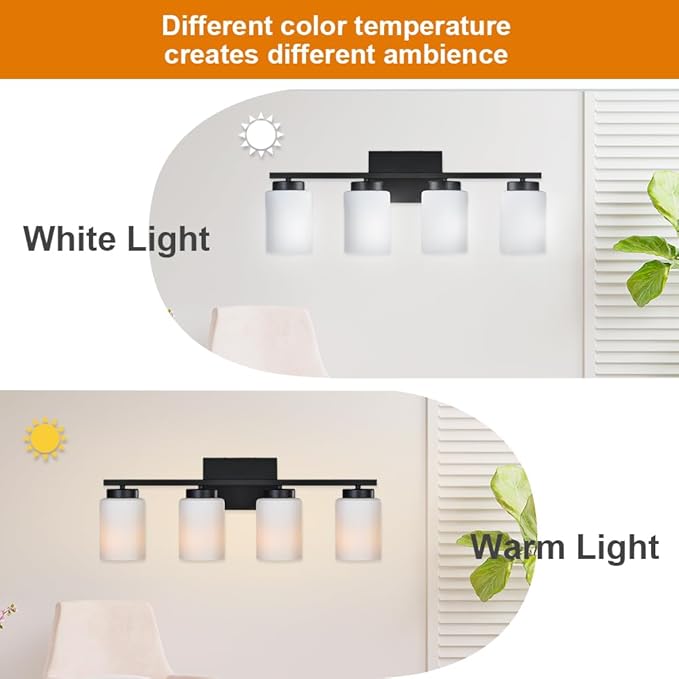 VINLUZ Bathroom Vanity Lights, 4-Light Classic Wall Sconce Lighting Fixtures Matte Black Finish with Milky White Frosted Glass Shades for Bedroom Cabinet Stairs