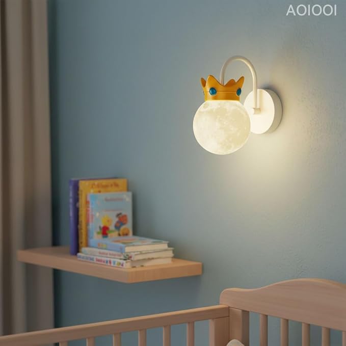 Crown Moon Wall Sconce Lighting, Kids Room Wall Lamp, Modern Decorative G9 Moon Globe Wall Lamp,Aesthetic Home Decor for Nursery Bedroom Bedside, Milk Coffee Color Wall Mount Light Fixture