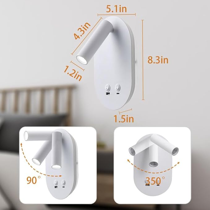 LED Wall Lamp Wall Mounted Reading Lights, Plug in Wall Sconces Set of 2, Multifunctional Wall Light with USB Type C Ports, Adjustable Headboard Spotlight 3W Book Light and 9W Night Light (White)