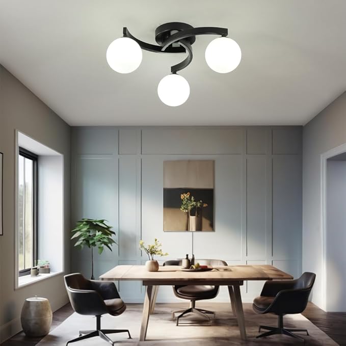 Modern Mid Century Black Sputnik Semi Flush Mount Ceiling Light Fixture,3 Light Metal Milk Glass Globe Chandelier for Dining Room Bedroom Kitchen Hallway Foyer Entryway Lighting