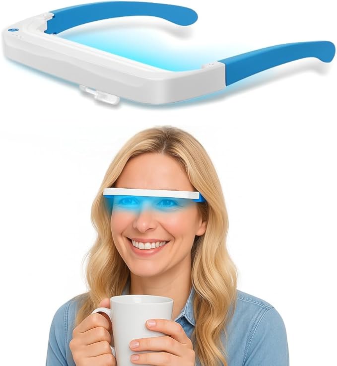 Light Therapy Glasses, Blue-White UV-Free Light Therapy Lamp, Portable Daylight Lamp, Wearable Sunlight Lamp, Boost Energy, Relief for Sleep Problems, Jet Lag, Equivalent to 10000 Lux