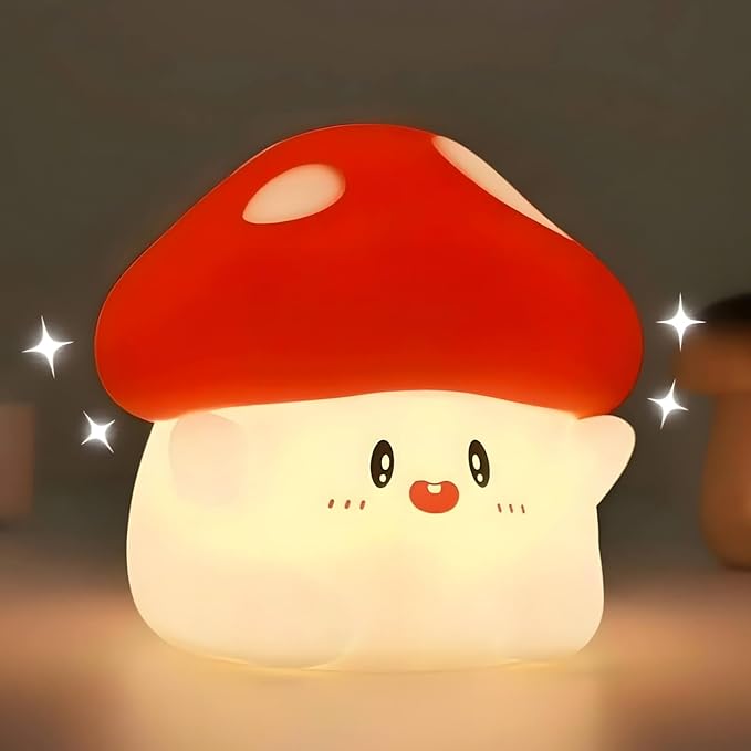Mushroom Night Light Squishy Lamp, 50Hrs Battery Kids Nightlight, Tap Control, 30Min Auto-Off, Rechargeable Kawaii Bedside Lamp for Girls Room Decor, [Valentines Gifts]