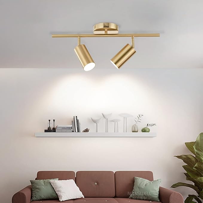 BOKT Mid Century Modern 2-Lights LED Track Lighting Kit 2 Ways Gold Flush Mount Ceiling Spotlight Brushed Brass Adjustable Angle Track Lighting Fixture