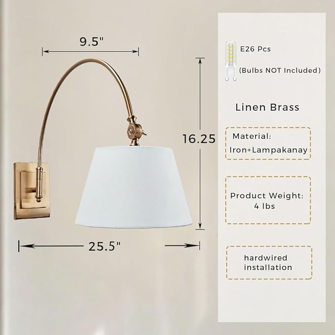 Antique Brass Swing Arm Wall Lamp, Classic Adjustable Reading Light with Fabric Shade for Bedroom Living Room