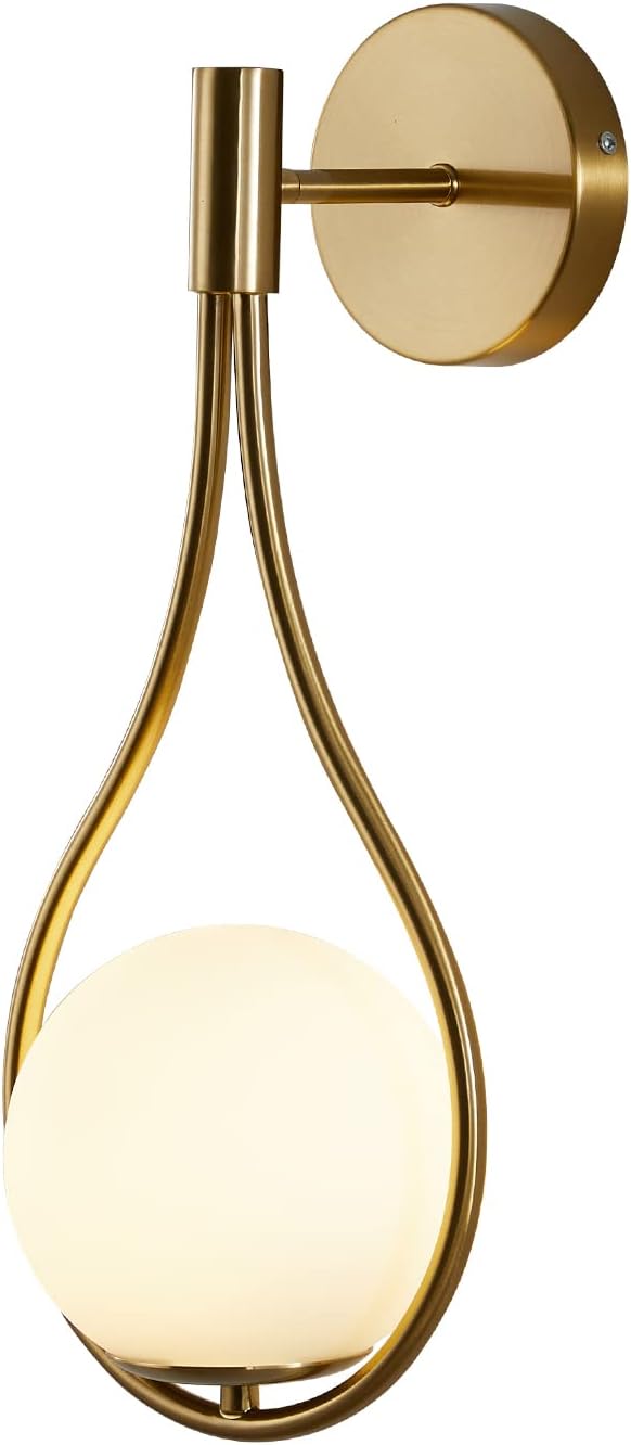 Modo Lighting Globe Glass Wall Sconce Modern Mid Century Drop Design Wall Mounted Light Brushed Brass Wall Lamps Wall Washer for Bedside Living Room (1 Pack,Gold)