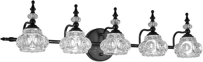 5-Light Vintage Bathroom Vanity Light, Black Bathroom Vanity Light Fixtures Painted Black Surface, Thick Crystal Glass Shade, Vintage Wall Sconce for Bathroom, Bedroom, Living Room