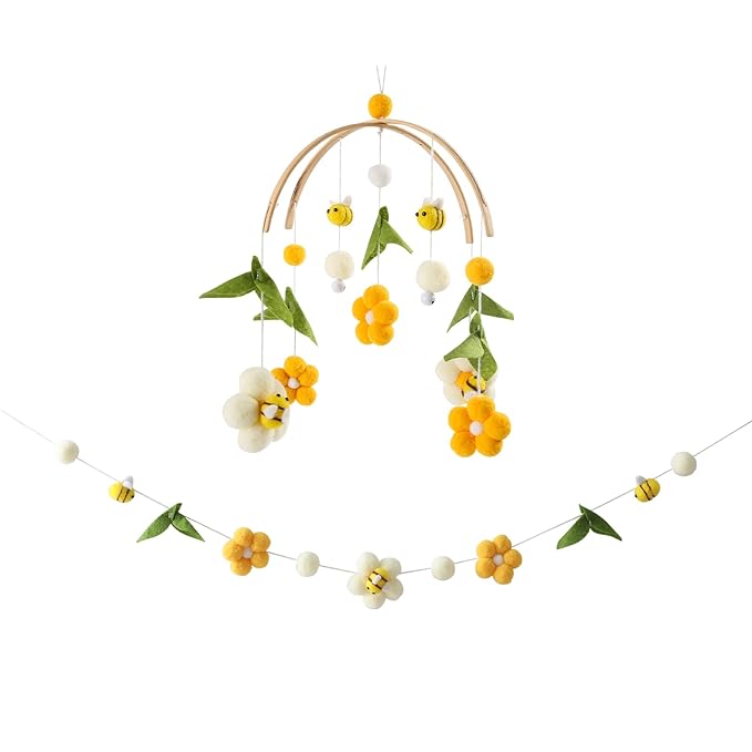 Baby Mobile for Crib Crib Nursery Mobile for Boys Girls Boho Bee Flower Nursery Decor Soothe Toy Baby Shower Set for Infant Bedroom Hanging Decoration Toy