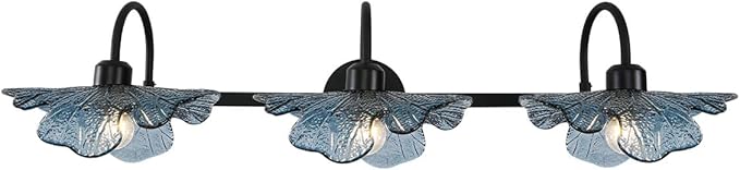 3 Light Bathroom Vanity Light Black Wall Sconce with Blue Flower Glass Shade Bathroom Wall Light Vintage Wall Sconce Art Deco Vanity Lights Over Mirror for Bedroom Hallway Living Room