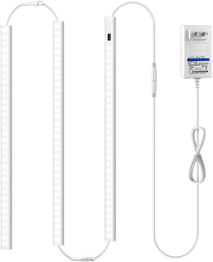 LED Under Cabinet Lighting Plug-in,3-Pack 20 Inch Hand Wave Activation Under Cabinet Lights Bars with 12V Power Adapter, White 6500K Under Counter Light for Kitchen,Cabinet,Workbench,Desk,Shelf