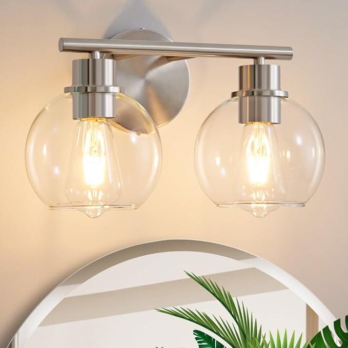 Bathroom Light Fixtures Over Mirror 2-Lights Bathroom Vanity Light with Clear Glass Shade 13.8 inch Modern Brushed Nickel Vanity Lights Wall Sconce Lighting for Bath