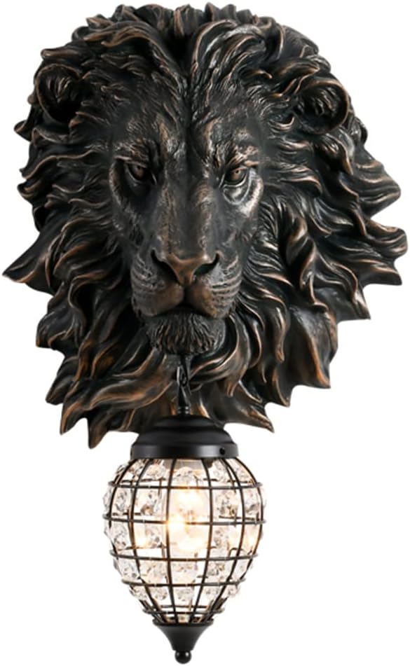 Lion Head Wall Decor Sconces Wall Lighting Retro Baroque Crystal Sconce Gold Luxury Wall Lights Fixtures for Living Room Bedroom Bedside Stairs Bathroom Mirror Headlights Lamp, E26 (B-2)
