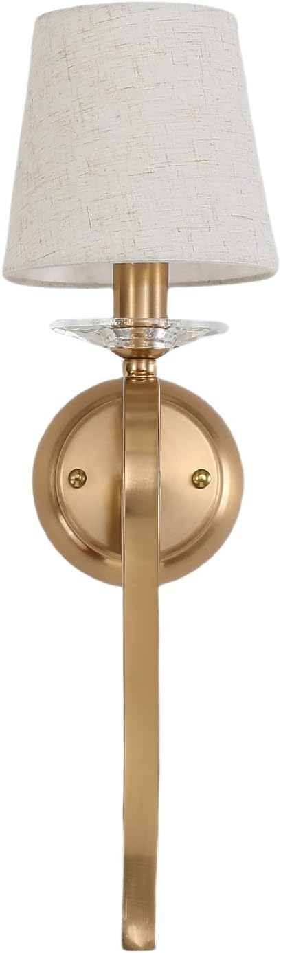 Set of 2 Gold Wall Sconce Light Fixtures, 1-Light Mid Century Modern Vanity Lighting with Conical Fabric Shade, Graceful Curved Iron Arm, Crystal Accent, Indoor Classic Wall Mounted Lamps (Beige)
