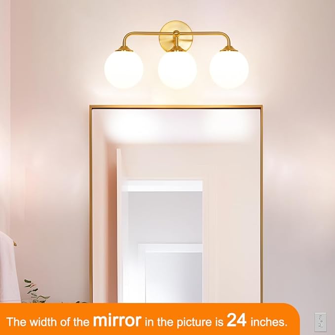 Modern Brushed Gold 3-Lights Vanity Light Fixtures with Milky White Glass Ball Shades, Mid Century Brass Wall Sconce Lighting Fixtures over Mirror, Wall Sconces for Bathroom Dressing Table Bedroom