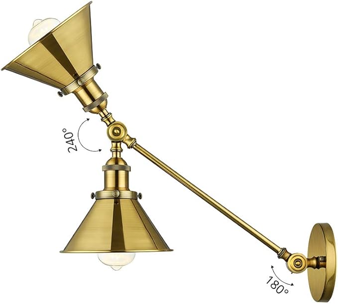 LITFAD Adjustable Arm Wall Light Fixtures Brass Finish 1 Light Wall Sconce 7" Industrial Swing arm Wall lamp Mounted Lighting Fixture with Cone Shade for Bedroom, Reading, Living Room, Kitchen