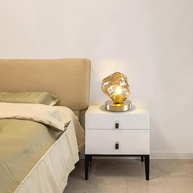 Meefad Modern Glass Table Lamp Ice Cubes Shaped Bedside Nightstand Lamp Small Decorative Night Light for Bedroom Living Room Amber Finish