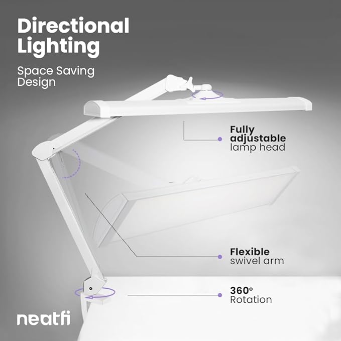Neatfi Ultra 3,500 Lumen LED Desk Lamp, 45W, 26-Inch Wide Metal Shade, 270 SMD LEDs (Non-CCT with Clamp, White)