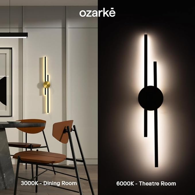 Ozarke Elles Minimalist LED Light Sconce, Modern Linear Wall Lamp, Black, Gold, Warm White, Cold White, UL Listed (Warm 3000k - Dimmable, 48 inches Black Circle - Gold Bars)