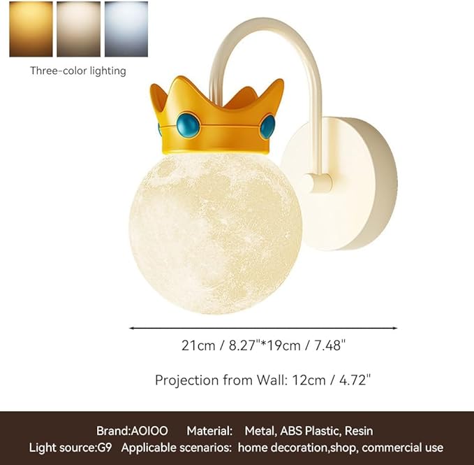 Crown Moon Wall Sconce Lighting, Kids Room Wall Lamp, Modern Decorative G9 Moon Globe Wall Lamp,Aesthetic Home Decor for Nursery Bedroom Bedside, Milk Coffee Color Wall Mount Light Fixture