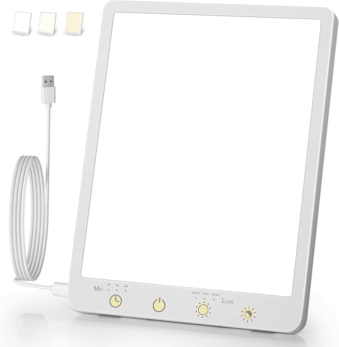 Light Therapy Lamp - 10000 Lux, 3 Light Colors, USB-Powered, Slim Design with Memory Recall, Adjustable Brightness Desk Lamp for Office, Home, or Travel.