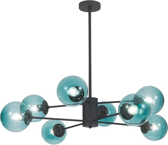 KCO Lighting Modern 8-Lights Blue Glass Sputnik Chandelier Mid-Century Matte Black Globe Flush Mount Chandelier Industrial Large Glass Ball Sputnik Chandelier Pendant Lamp (Black+Blue)