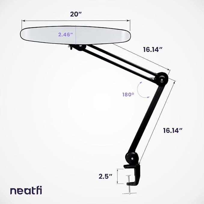 Neatfi XL 2,200 Lumens LED Task Lamp, 20W, 182 Pcs SMD LED, Dimmable, 4 Level Brightness, 3 Light Modes, Desk Light for Home, Office, Workbench (CCT, Black)