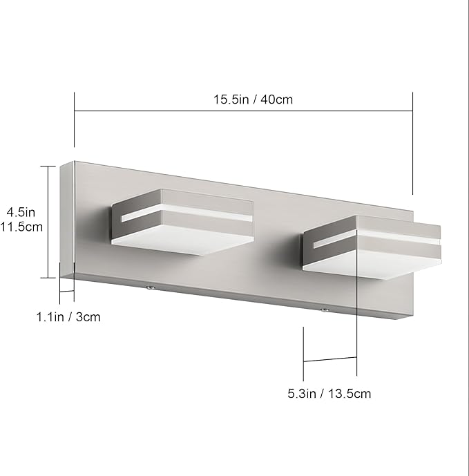 SineRise LED Modern Bathroom Vanity Light Fixtures (2-Light, 15.5-Inch, Dimmable), Brushed Nickel Modern Acrylic Bathroom Wall Lighting Fixtures Over Mirror (Cool White 6000K)