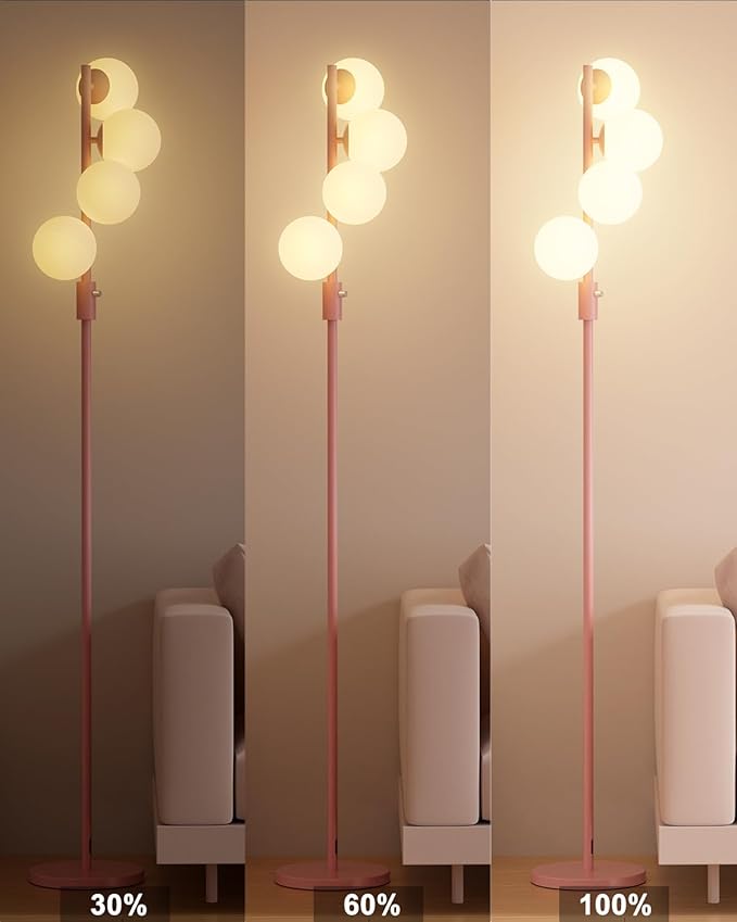 Lightdot 64IN Dimmable (Brightness Adjustable) Globe Floor Lamp, Pink Standing Lamps with 4PCS 3000K G9 Bulbs Soft Warm White Eye Care, Mid Century Modern Floor Lamp for Living Room