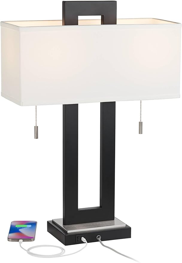 360 Lighting Neil 26" High Modern Rustic Table Lamp with USB Ports A+C Charging Black Open Metal White Fabric Rectangular Shade for Bedroom Living Room House Home Bedside Nightstand Office Family