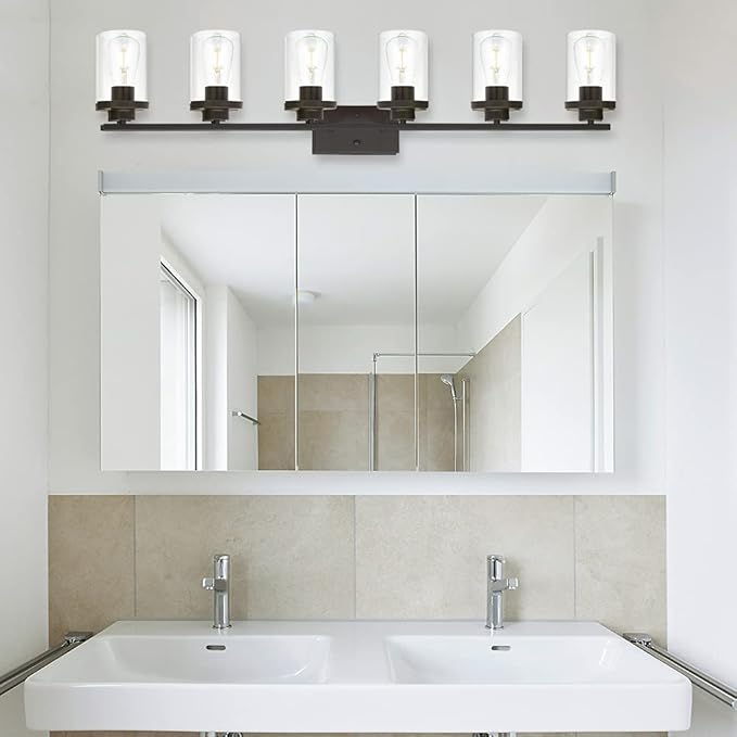 Farmhouse Vanity Lighting Fixtures Oil Rubbed Bronze 6 Light with Glass Shade Bathroom Light Fixture Industrial Wall Sconces for Kitchen Living Room Hallway