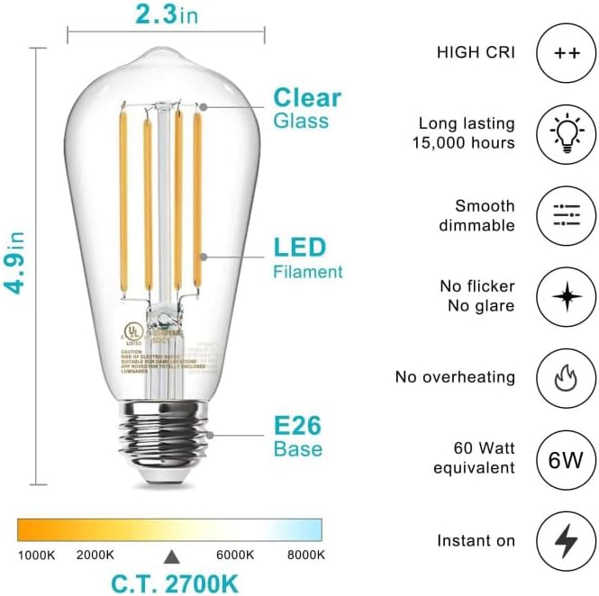 TJOY Edison Light Bulbs, 12 Pack Dimmable Vintage LED Light Bulbs, E26 Medium Base, Warm White 2700K, ST58, 6W, 800LM, 80+ CRI, Antique Decorative LED Filament, Clear Glass