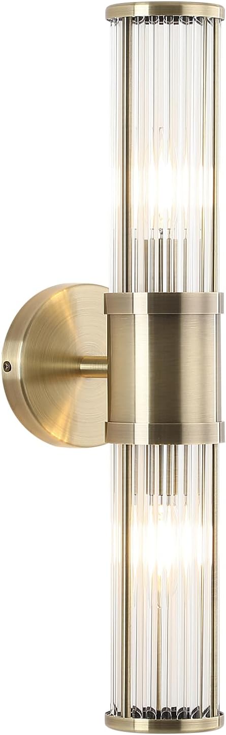 Modern Vanity Light Fixture, Brushed Bronze Wall Sconce with Glass Rod Shades, Double Socket E12 Candelabra Base for Bathroom Mirror Lighting (Bulbs Not Included)