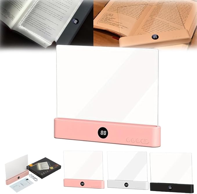 Smart LED Reading Light, Dimmable Book Light with 3 Colors Adjustable & Timer Dimmable Panel, Rechargeable Flat Page Reading Light, Eye Protection Lights for Bedtime Night Reading (Pink)