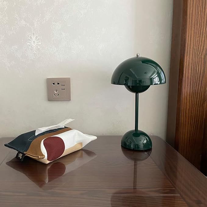 Flowerpot Lamp Modern Flower Bud 12" Cordless Touch Dimmable 2600mAh Rechargeable Nordic Minimalist Mushroom Lamp Retro Nightstand Bedside Light for Bedroom Living Room(Dark Green)