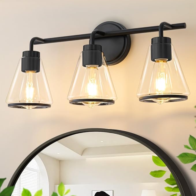 Black Bathroom Vanity Light 3 Lights Bathroom Light Fixtures Over Mirror Vanity Lighting Fixtures with Clear Glass Shade 22 inch Modern Vanity Lights for Bathroom Wall Sconce Lights for Bedroom