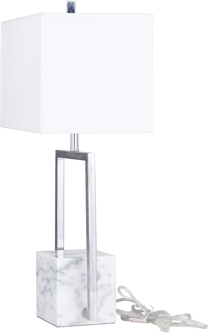 Deco 79 Marble Room Table Lamp Geometric Accent Lamp with Square Shade, Lamp 14" x 10" x 25", Silver