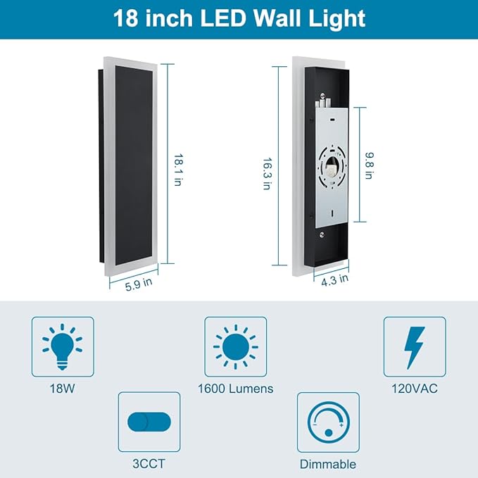 18inch Modern Outdoor Wall Light Porch Light LED Long Wall Light Fixture IP65 Waterproof Wall Lamps, Dimmable 18W 1620LM Black Wall Sconce, 3000/4000/5000K Selectable, ETL