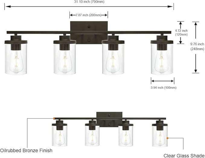 Bathroom Vanity Light Fixtures Oil Rubbed Bronze Finished 4-Light with Clear Glass Shade Contemporary Wall Sconces Bathroom Lighting Wall Mount Lamp for Kitchen Entryway Living Room Hallway